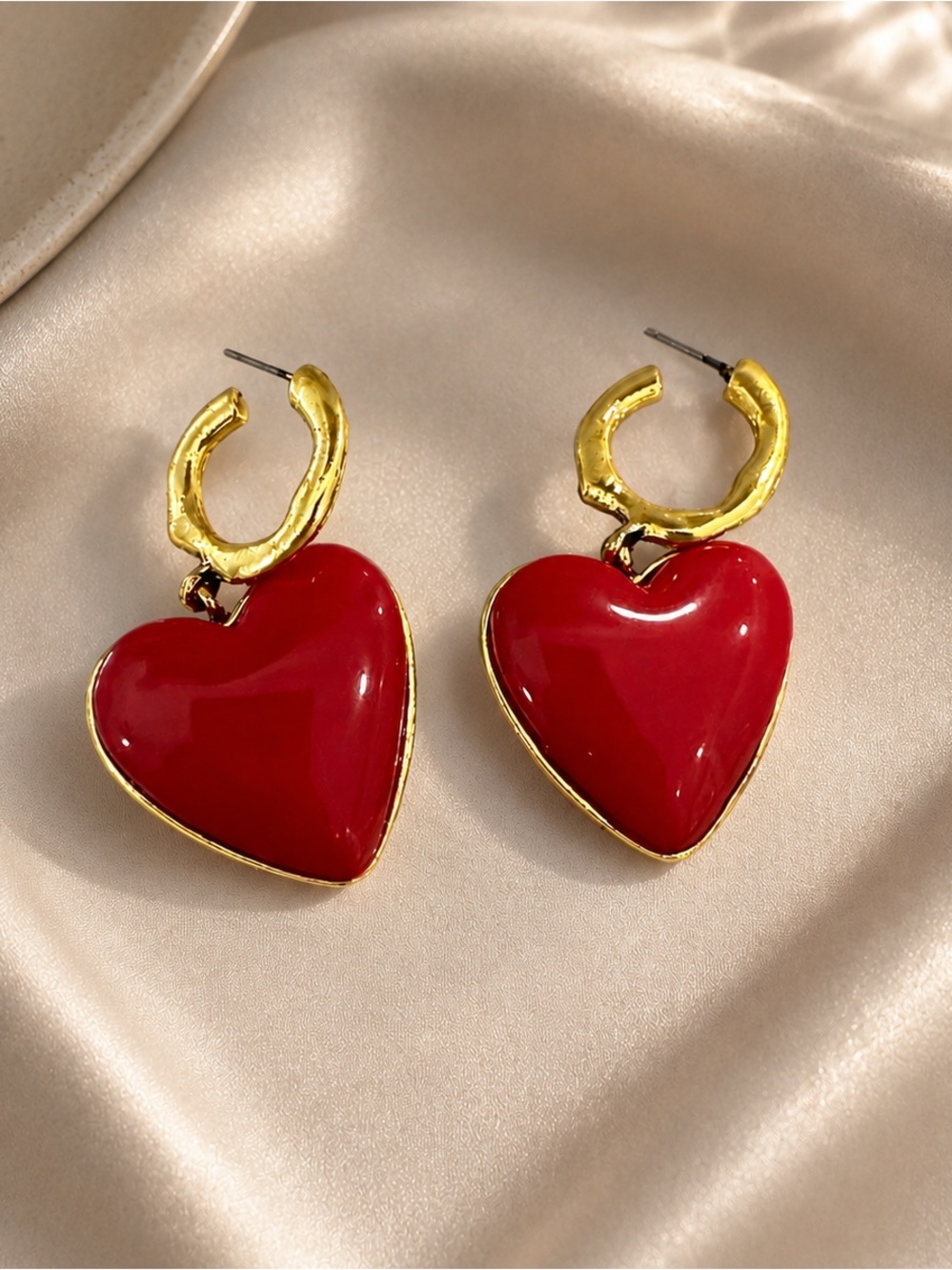 Zara Gold Hoop Earrings with Red Heart Drops